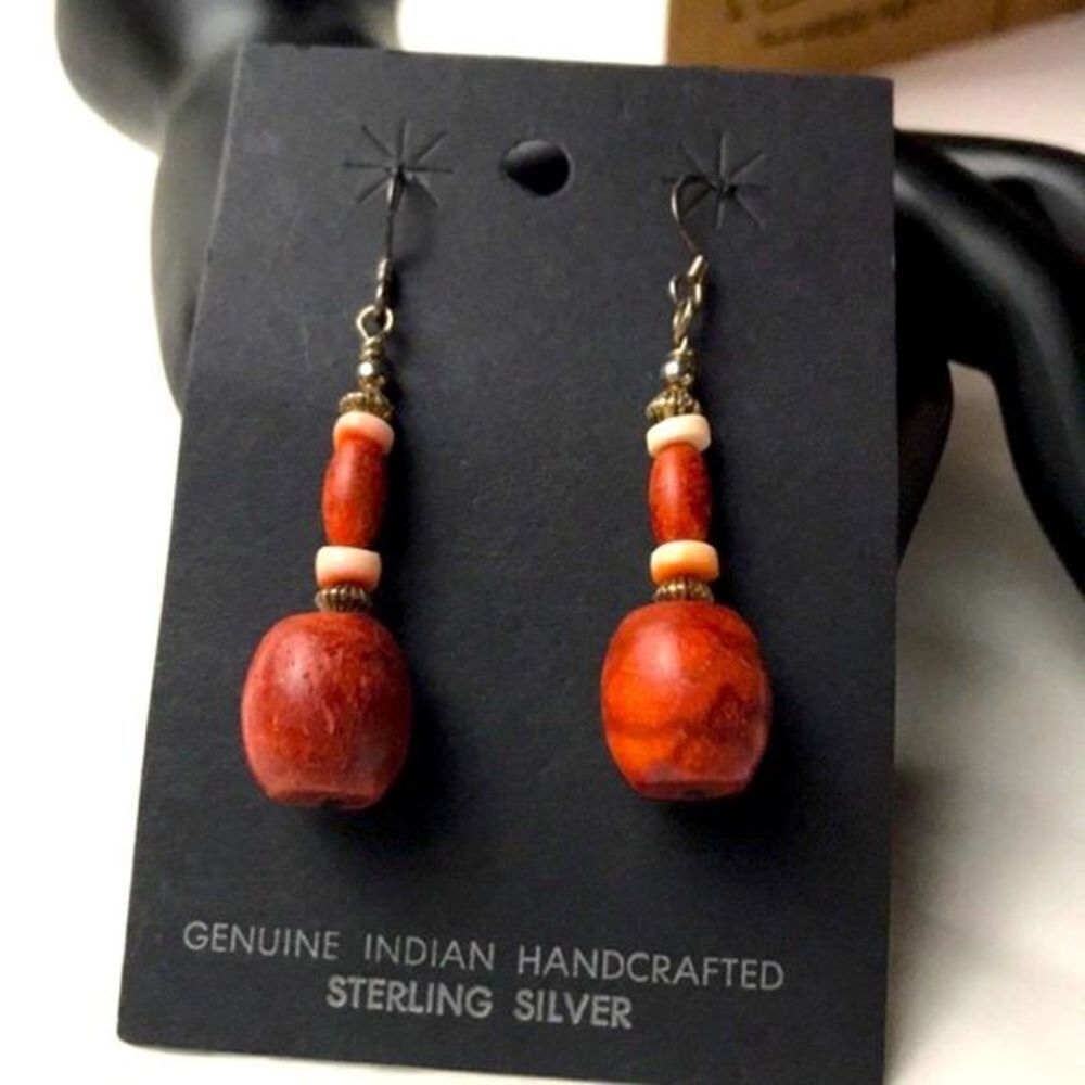 New hand crafted Apple Coral Sterling silver beaded earrings.